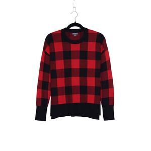 EDDIE BAUER Buffalo Checkered Knit Sweater Red Black Plaid Crew Neck Women's S